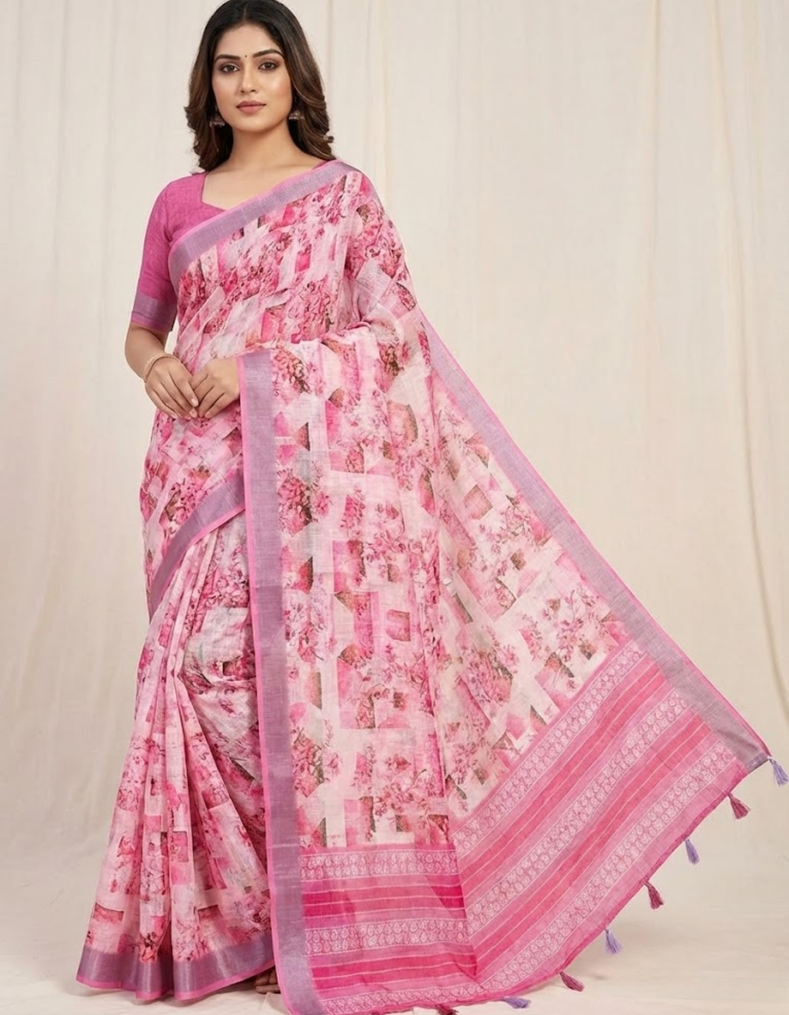 Multicolor Linen Cotton Saree with Floral Digital Prints