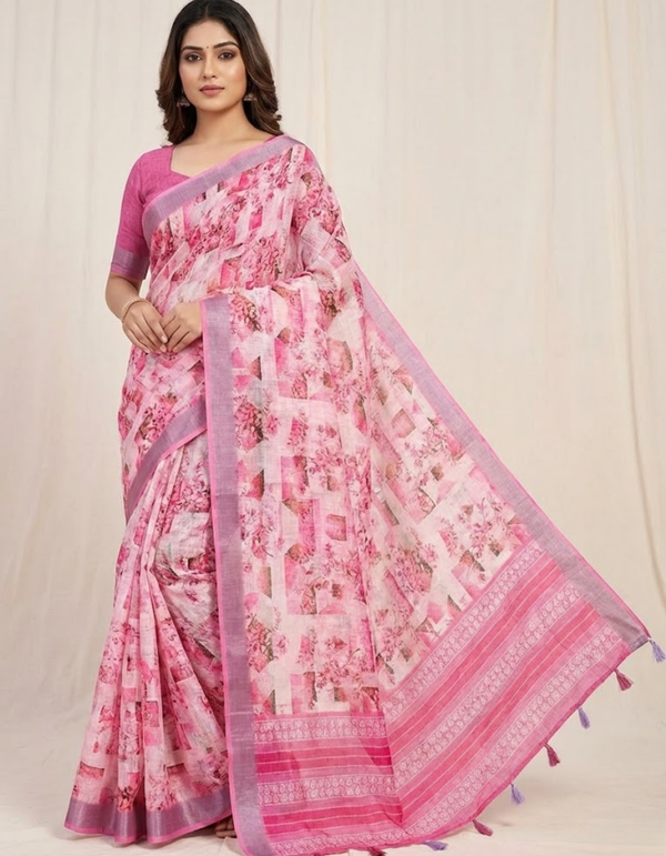 Multicolor Linen Cotton Saree with Floral Digital Prints