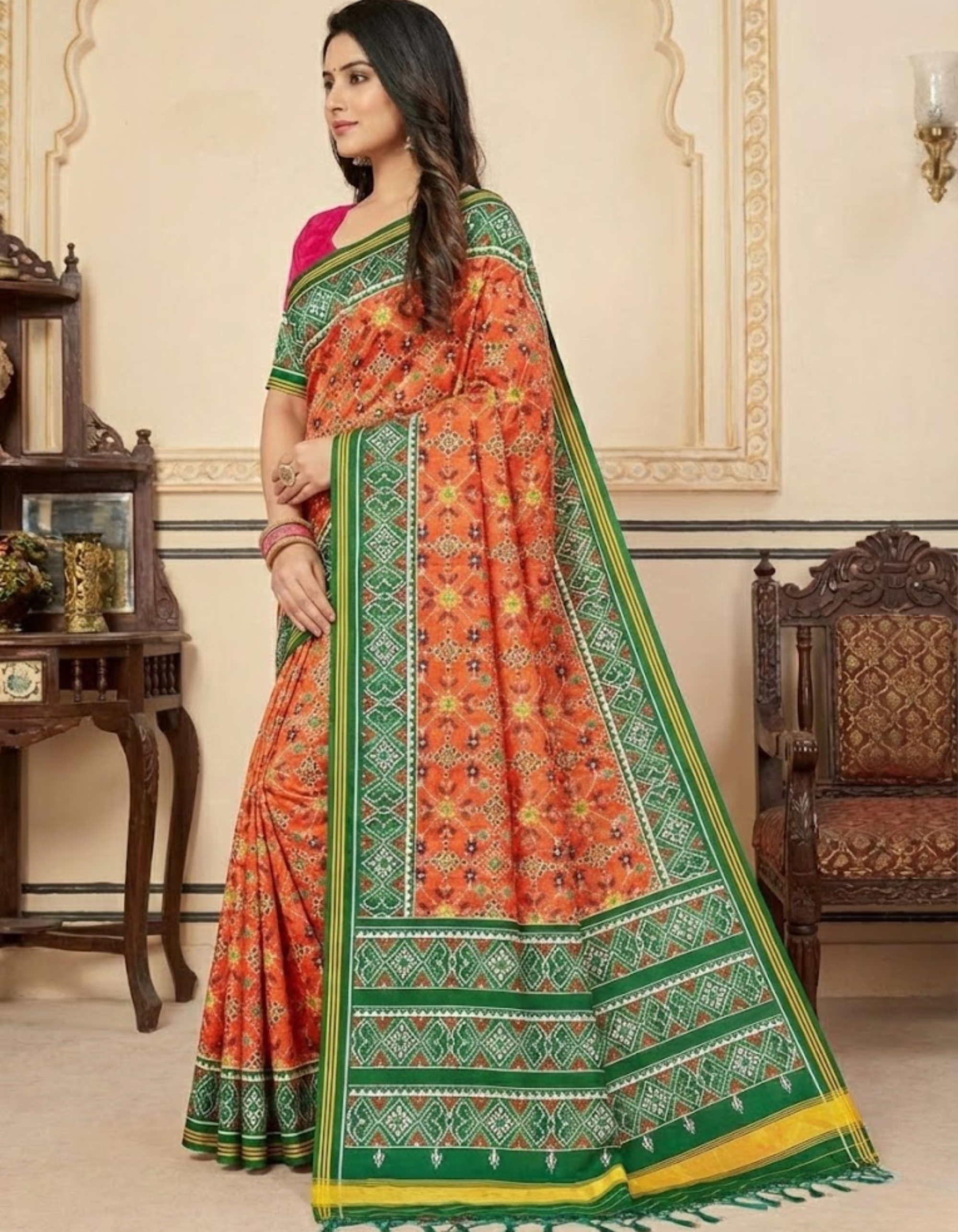 Orange Soft Silk Saree with Patola Digital Prints & Tassel Pallu