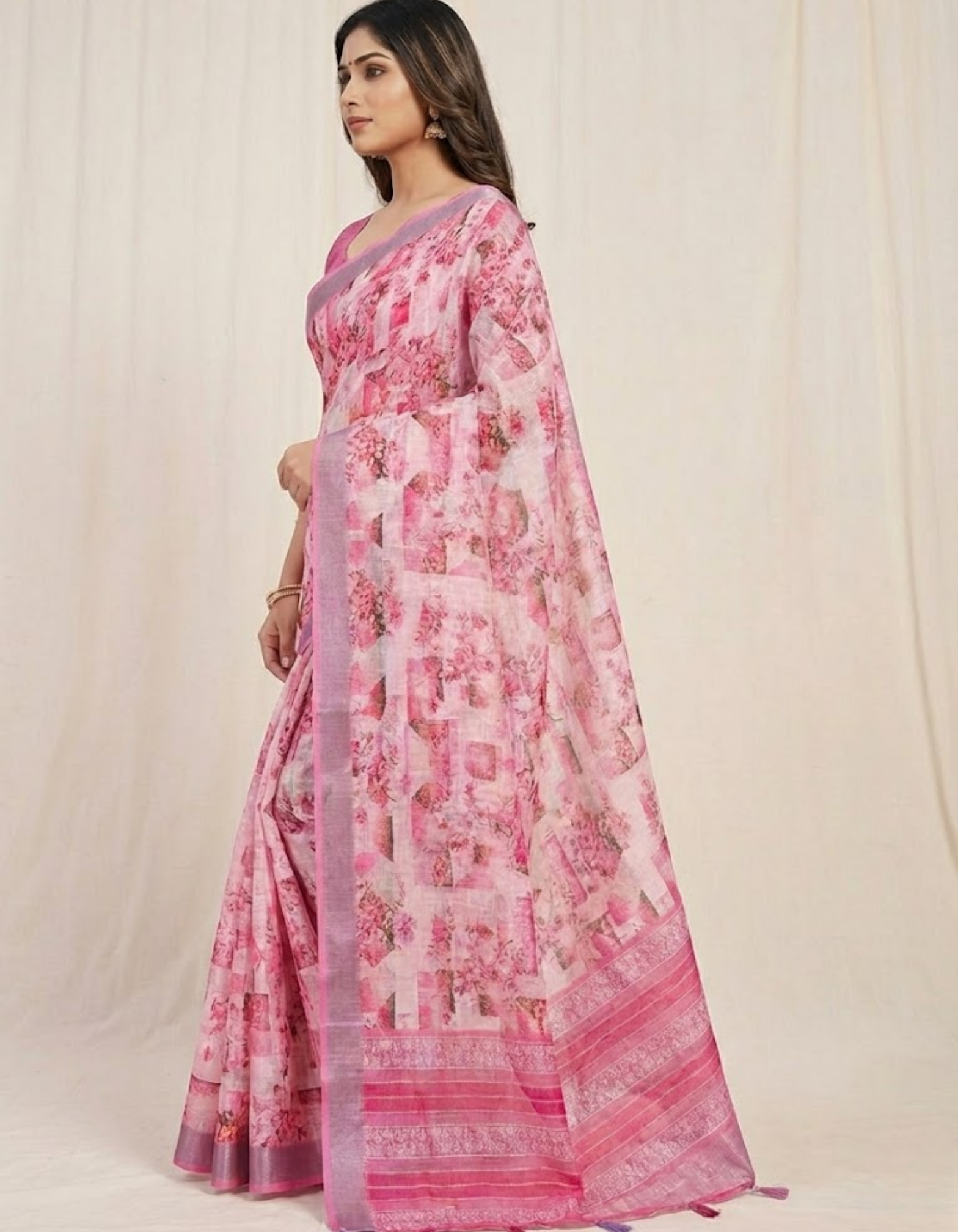 Multicolor Linen Cotton Saree with Floral Digital Prints