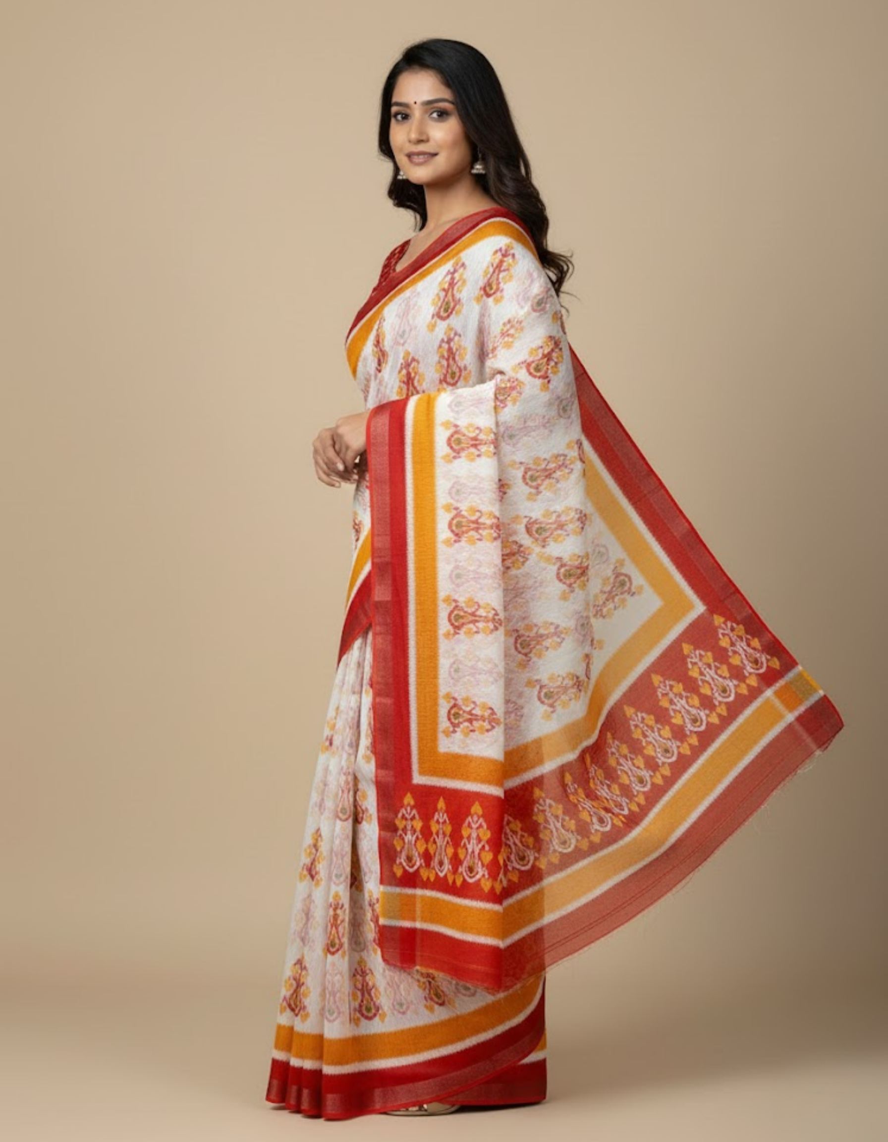 Soft Linen Cotton Saree with Ikkat Digital Prints & Silver Zari Border