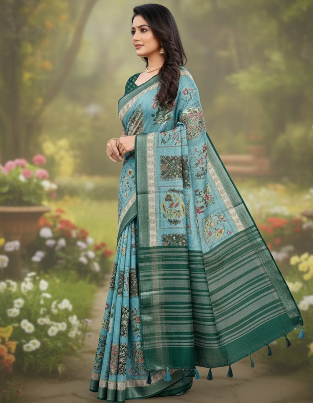 Linen Cotton Saree with Floral Digital Prints