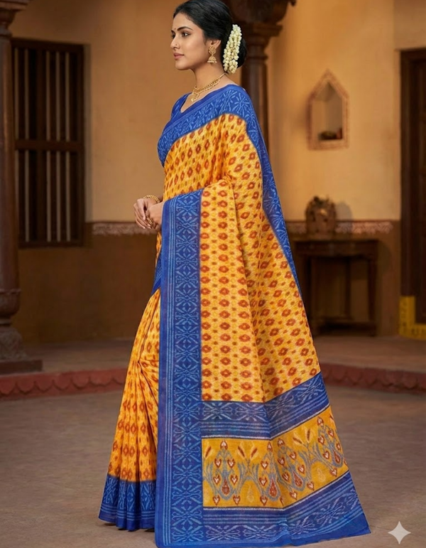 Mustard Soft Linen Cotton Saree with Double Ikkat Digital Prints