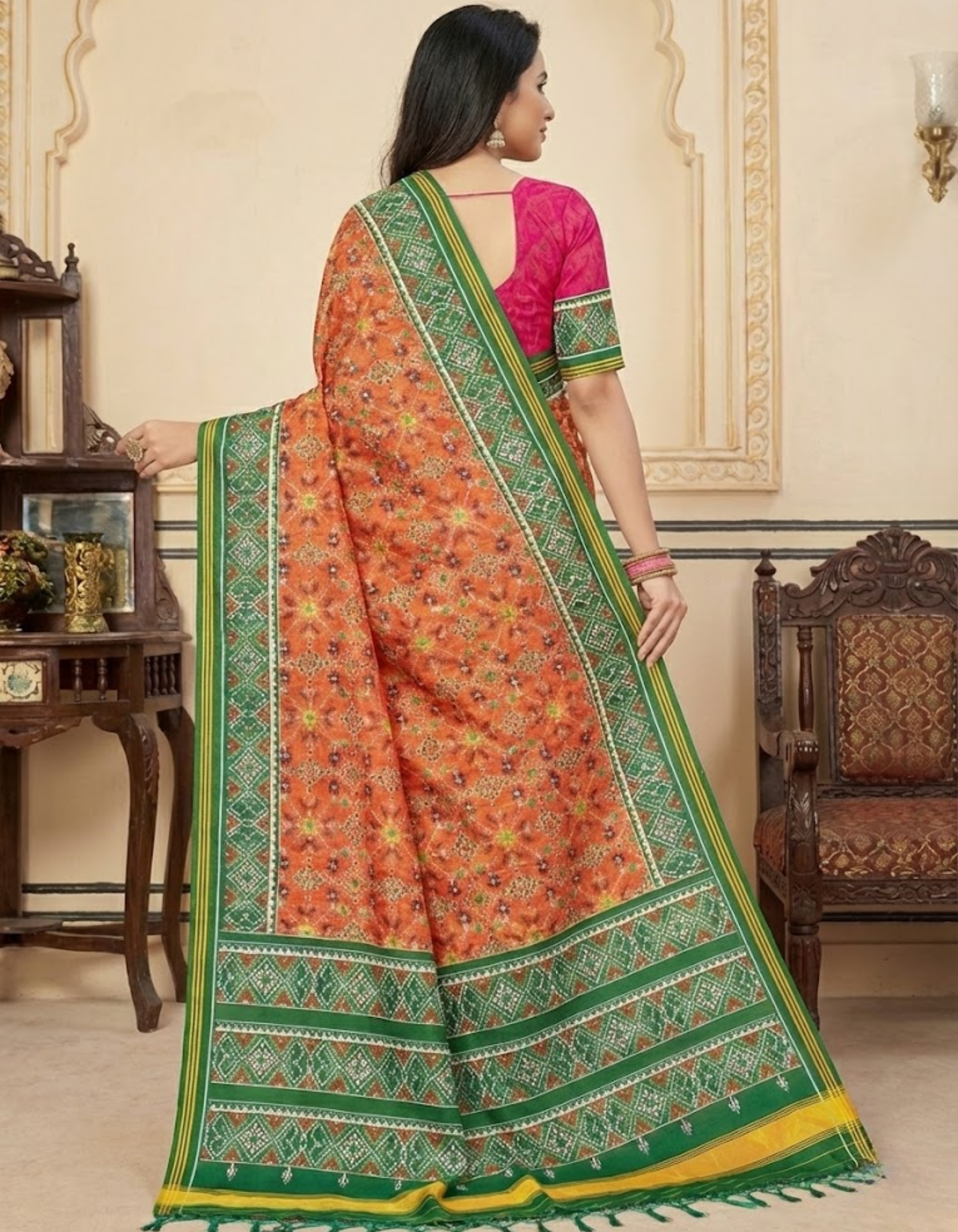 Orange Soft Silk Saree with Patola Digital Prints & Tassel Pallu