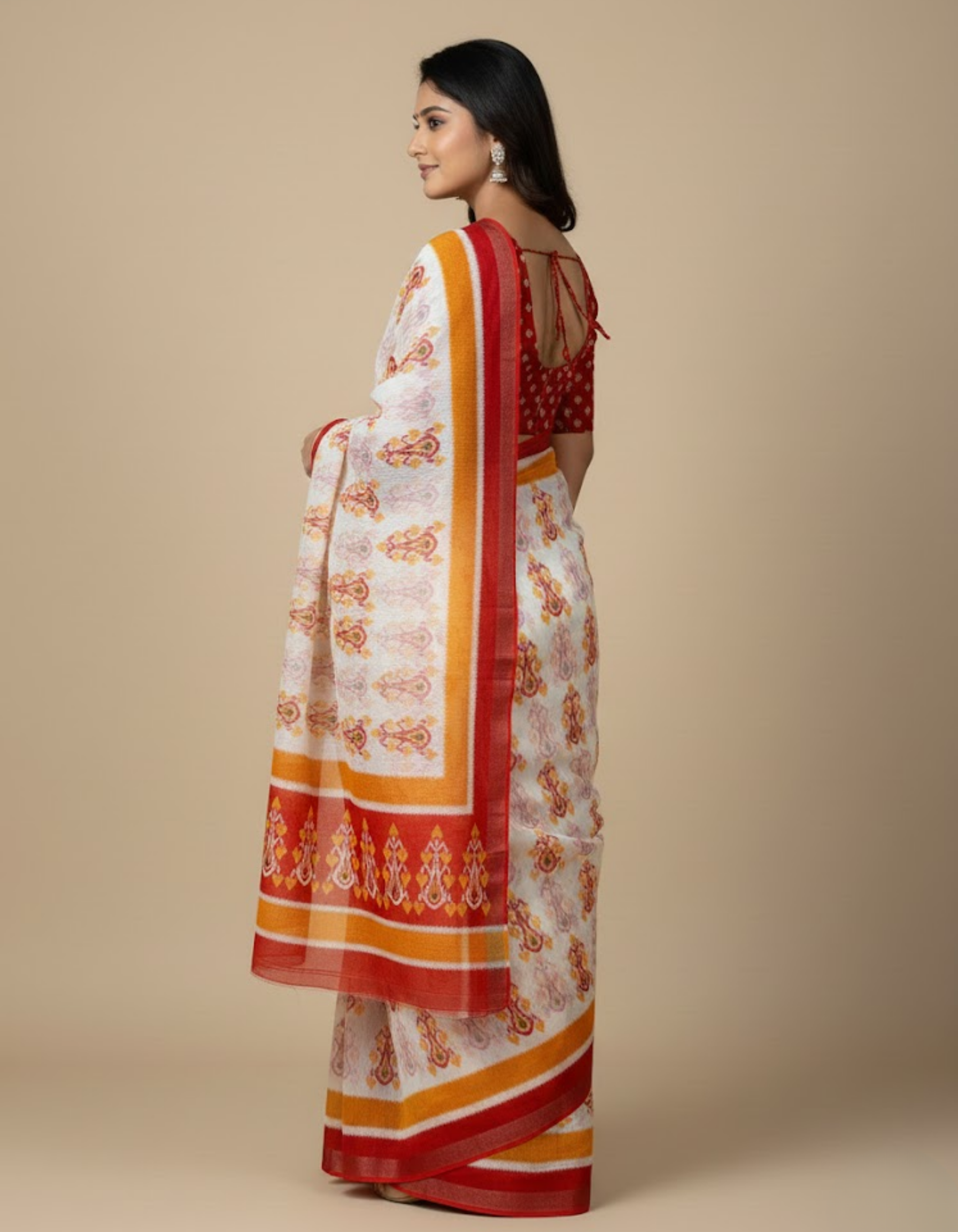 Soft Linen Cotton Saree with Ikkat Digital Prints & Silver Zari Border