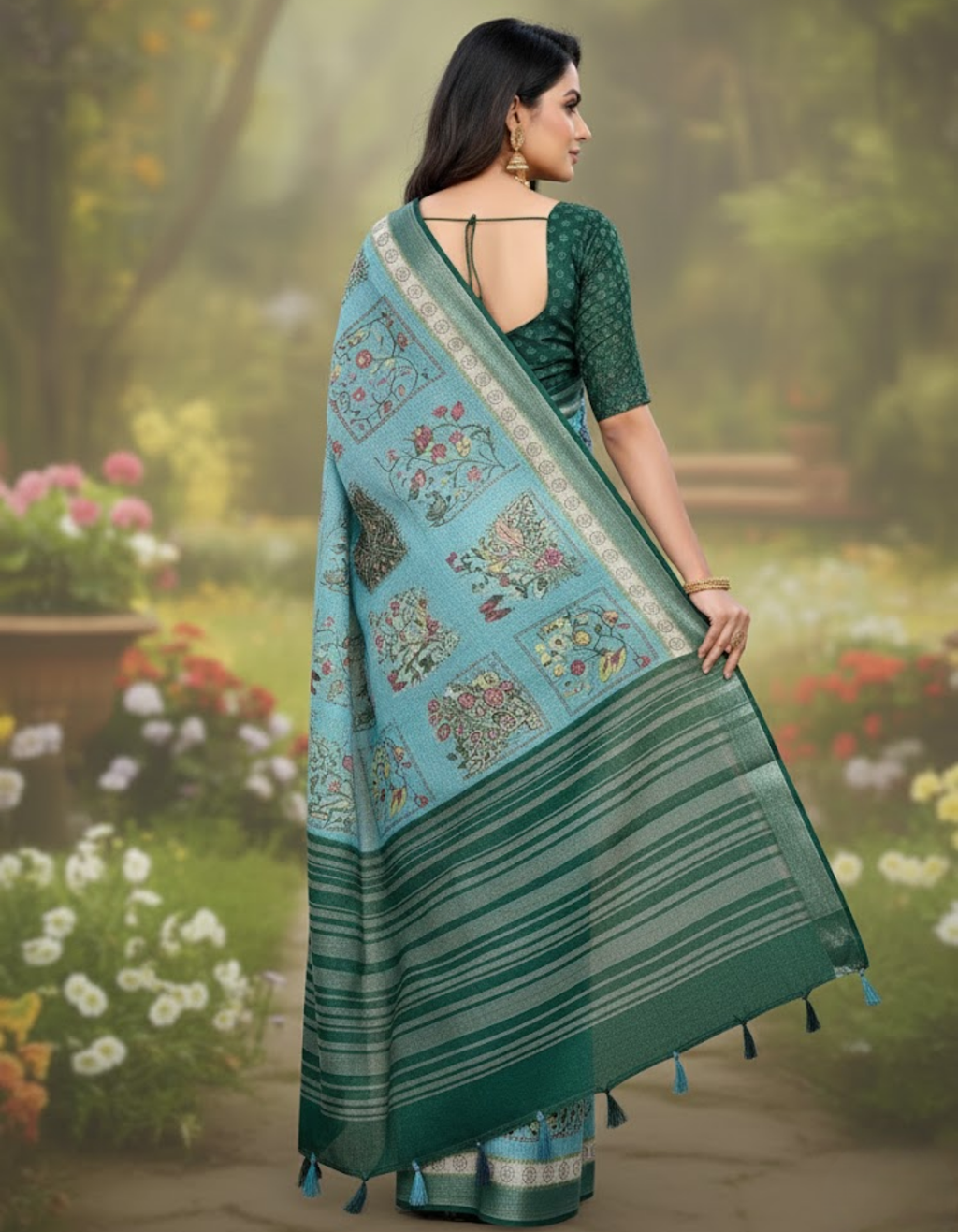 Linen Cotton Saree with Floral Digital Prints