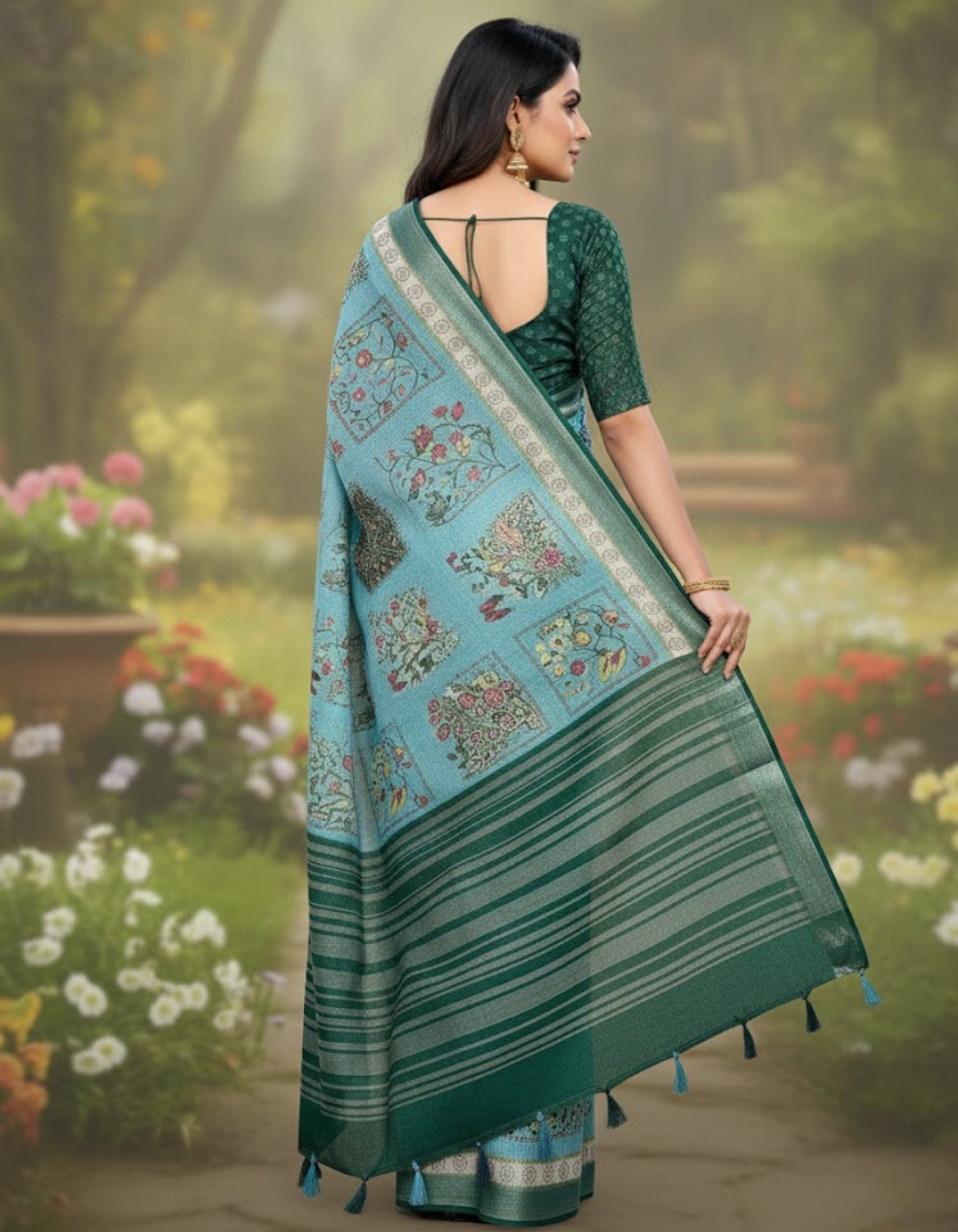 Linen Cotton Saree with Floral Digital Prints