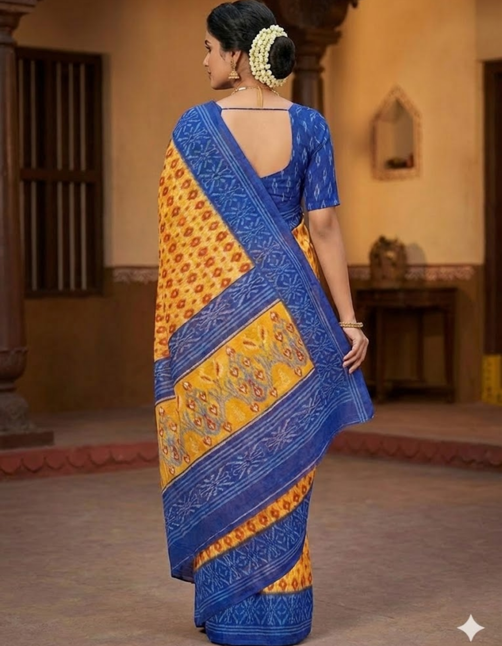 Mustard Soft Linen Cotton Saree with Double Ikkat Digital Prints