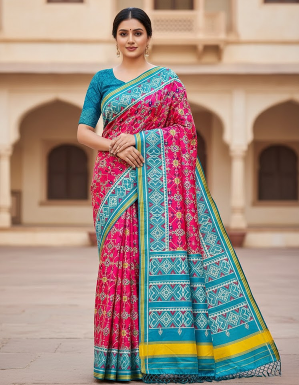 Pink Soft Silk Saree with Patola Digital Prints & Tassel Pallu