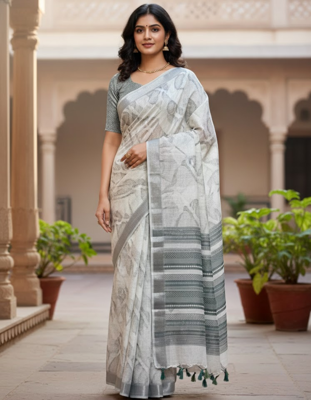 Linen Cotton Saree with Floral Digital Prints