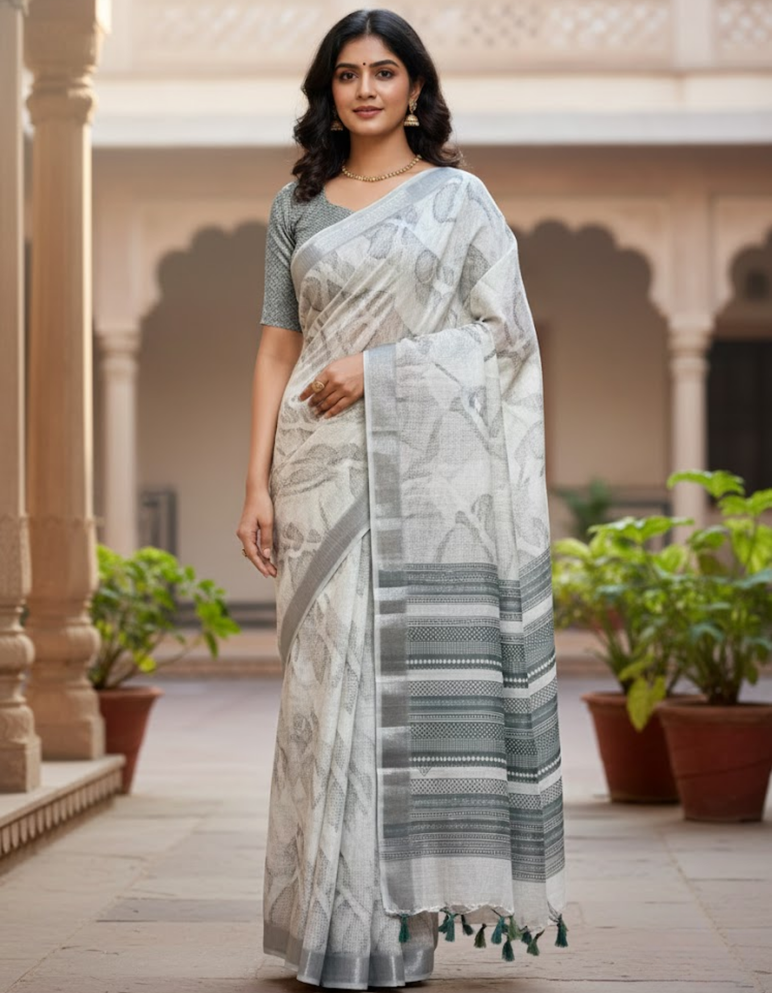 Linen Cotton Saree with Floral Digital Prints
