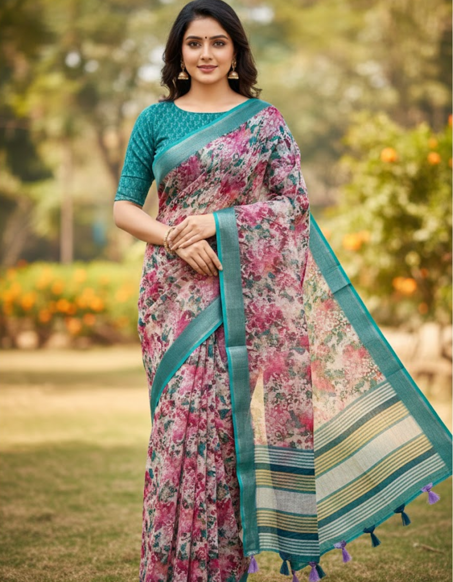 Multicolor Linen Cotton Saree with Floral Digital Prints