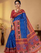 Royal Blue Soft Linen Cotton Saree with Double Ikkat Digital Prints