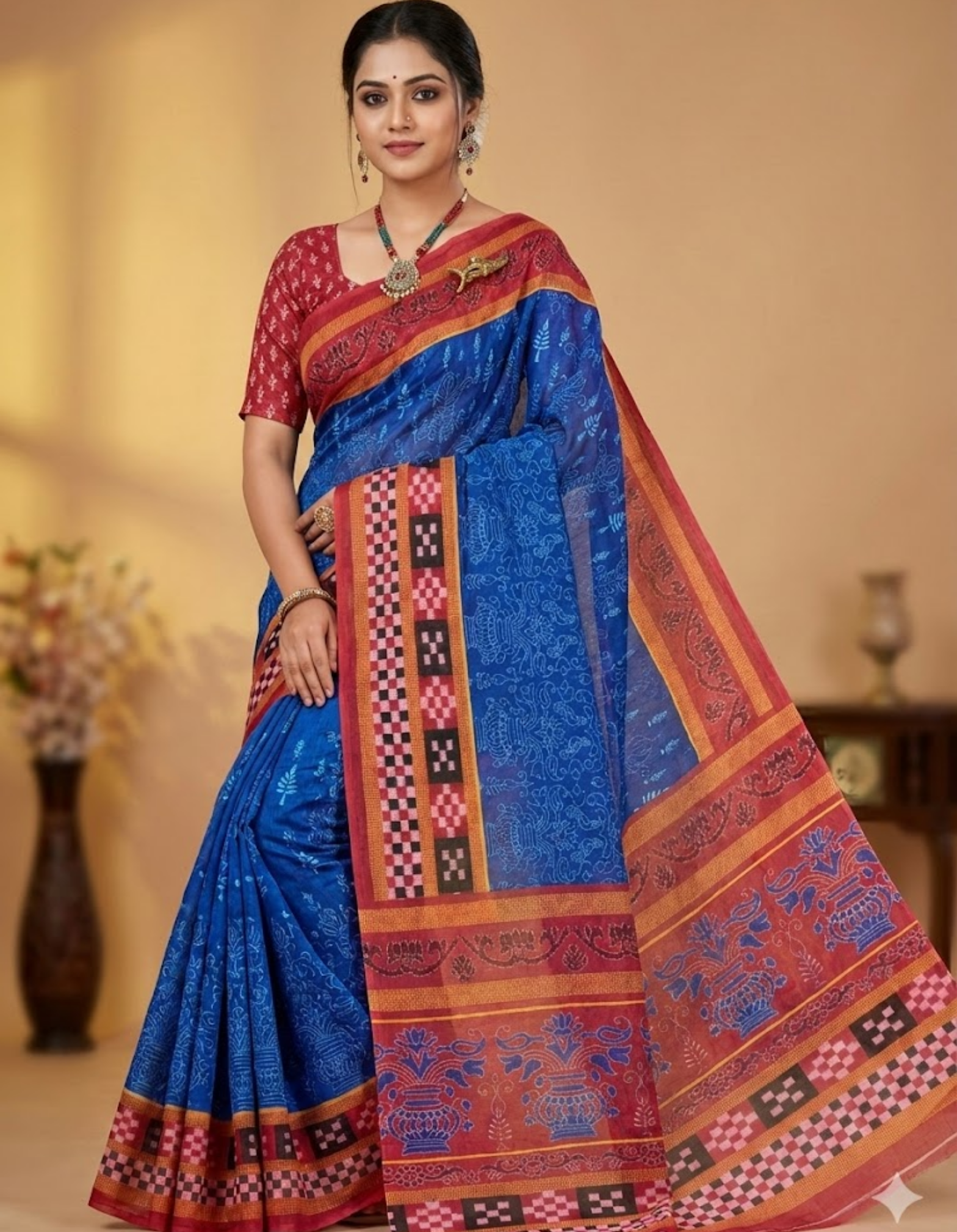 Royal Blue Soft Linen Cotton Saree with Double Ikkat Digital Prints