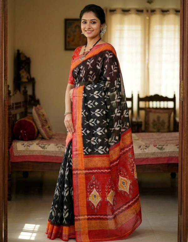 Soft Linen Cotton Saree with Ikkat Digital Prints & Silver Zari Border