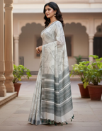 Linen Cotton Saree with Floral Digital Prints