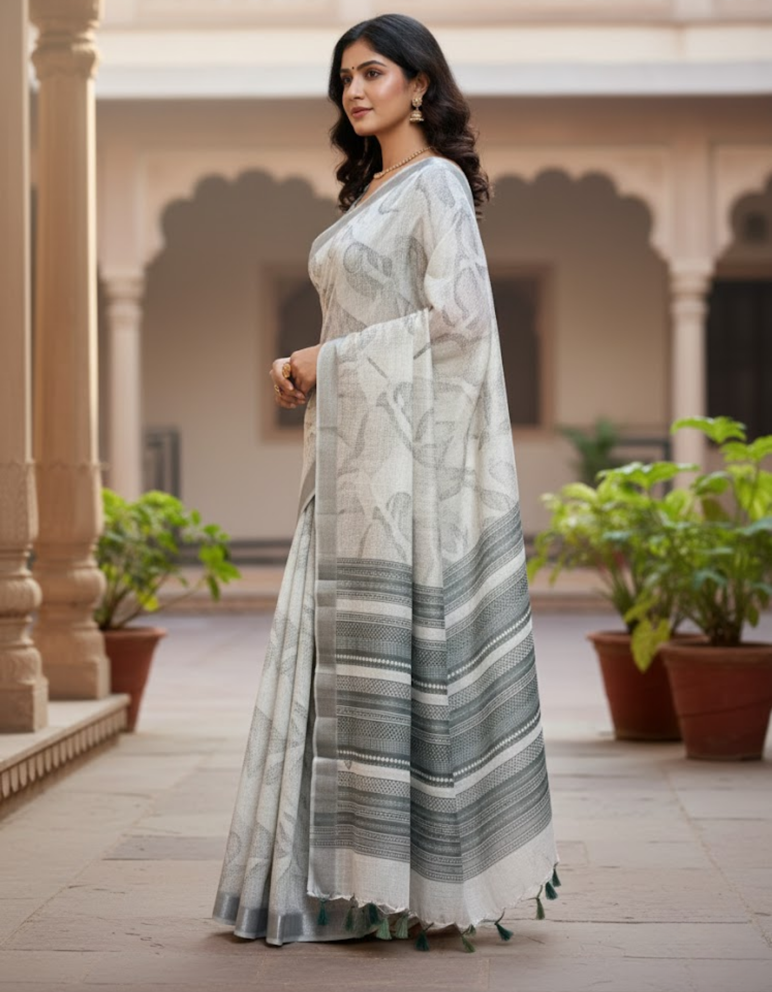 Linen Cotton Saree with Floral Digital Prints
