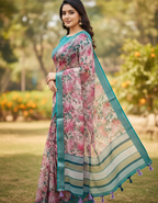 Multicolor Linen Cotton Saree with Floral Digital Prints