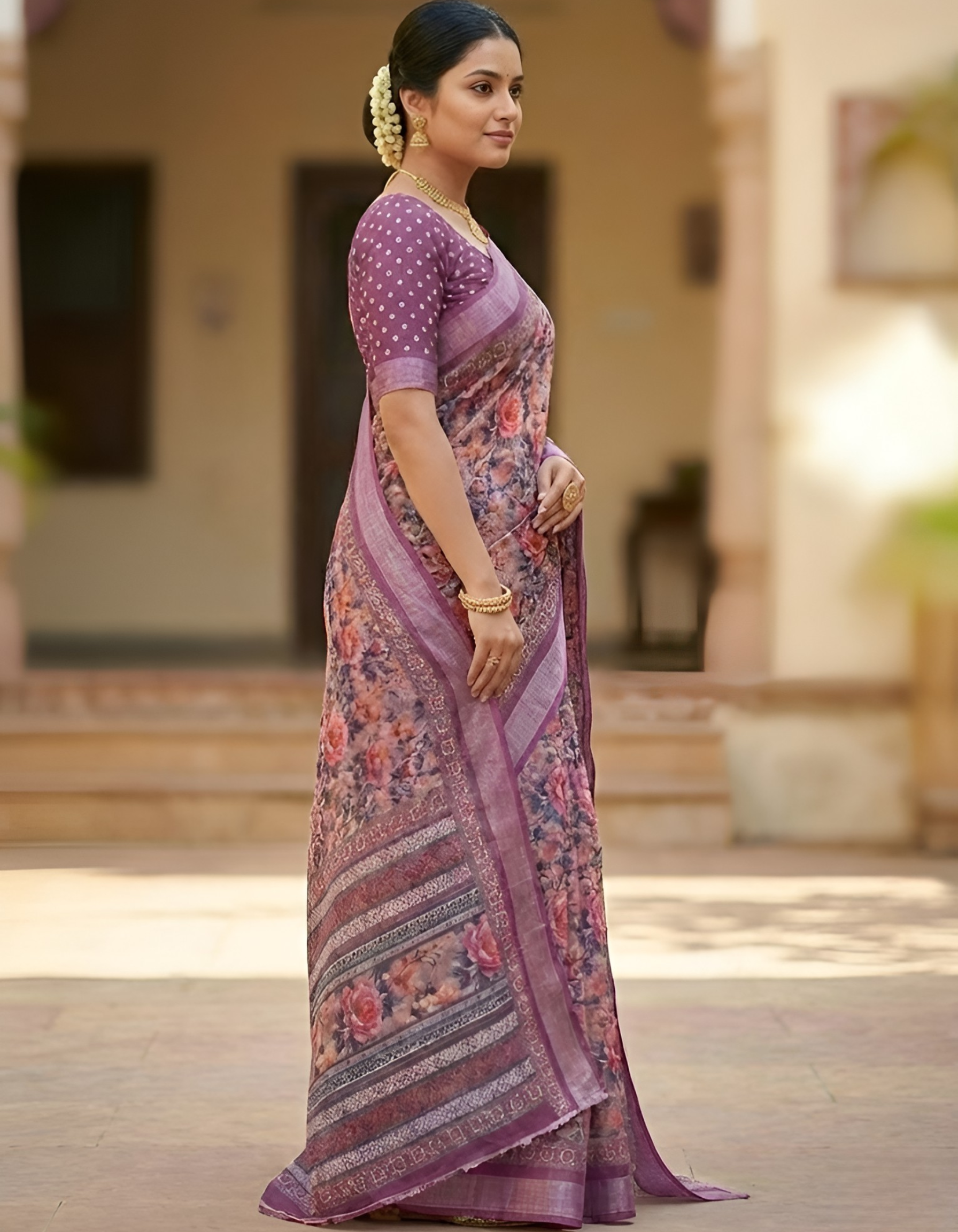 Linen Cotton Saree with Floral Digital Prints