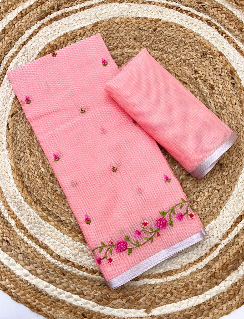 Pink Pure Kota Doriya Saree with Floral Embroidery & Silver Border