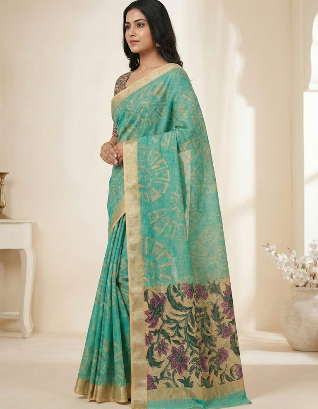 Rama Linen Cotton Saree with Silver Zari Border, Graphic Digital Print Body & Kalamkari Floral Pallu