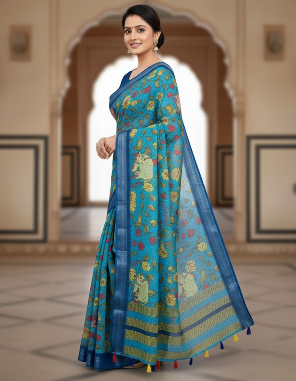 Linen Cotton Saree with Zari Weave Border & Pichwai Kalamkari Digital Prints