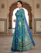 Linen Cotton Saree with Zari Weave Border & Pichwai Kalamkari Digital Prints