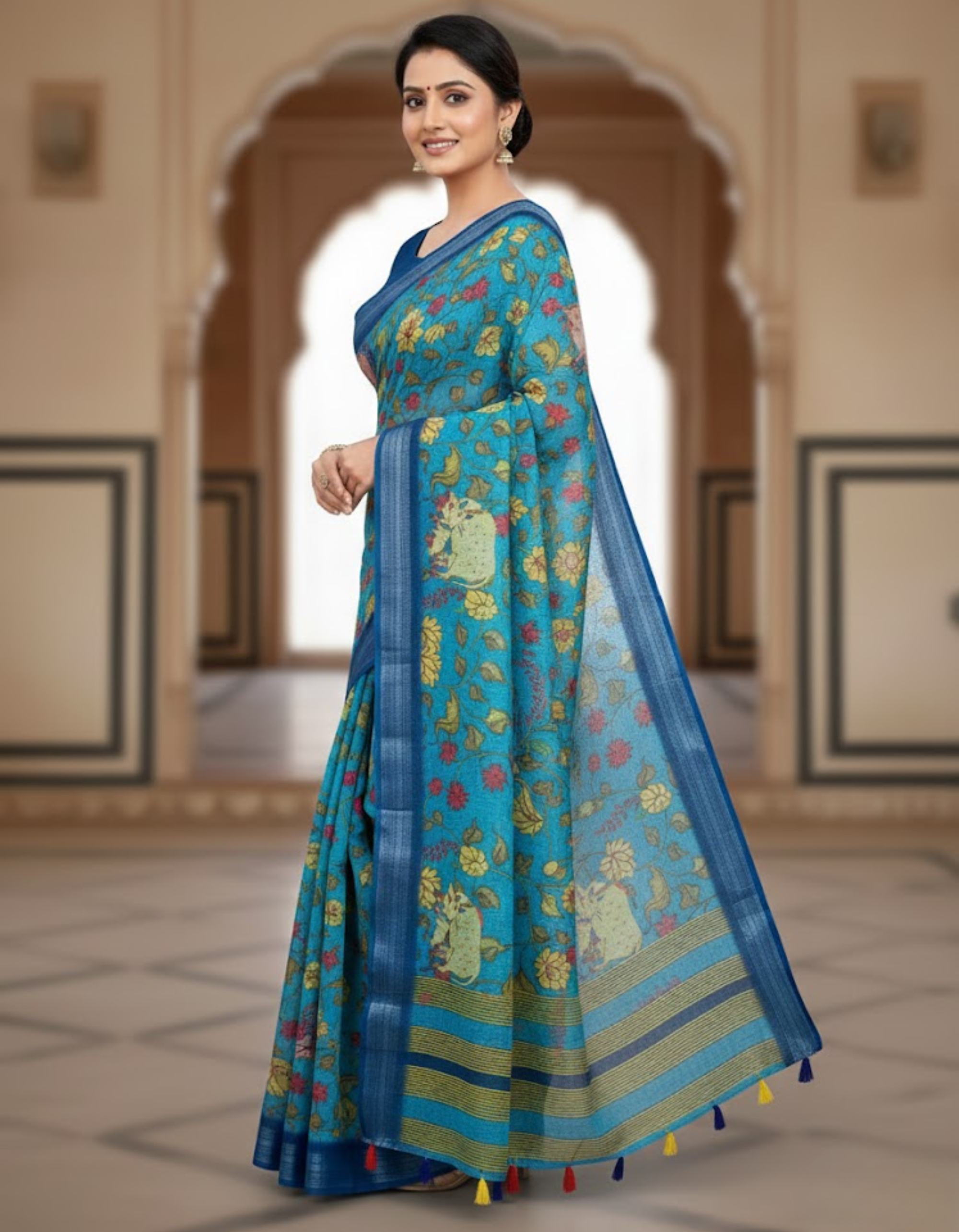 Linen Cotton Saree with Zari Weave Border & Pichwai Kalamkari Digital Prints