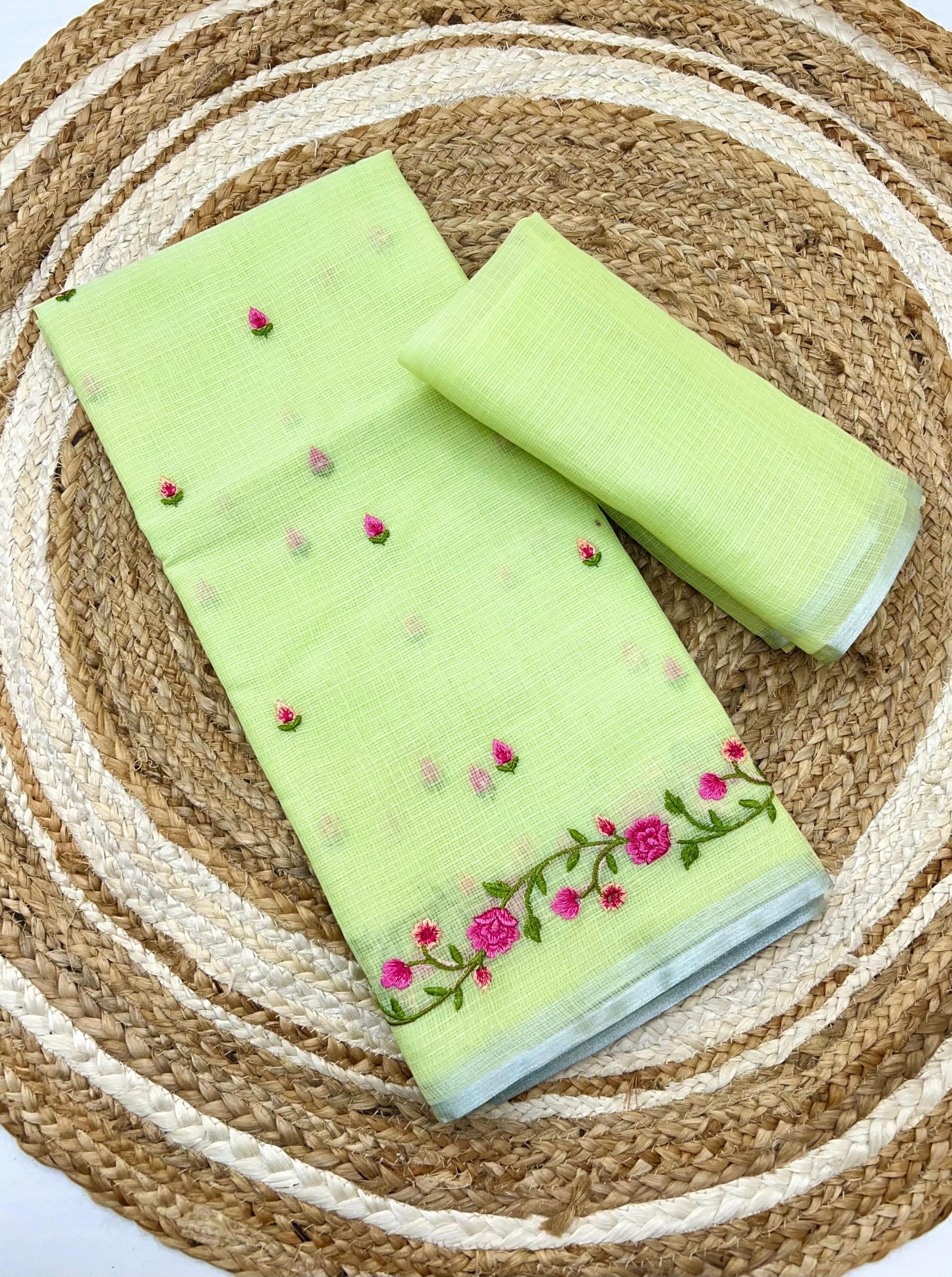 Green Pure Kota Doriya Saree with Floral Embroidery & Silver Border