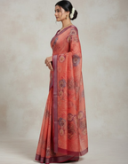 Linen Cotton Saree with Zari Weave Border & Floral Digital Prints
