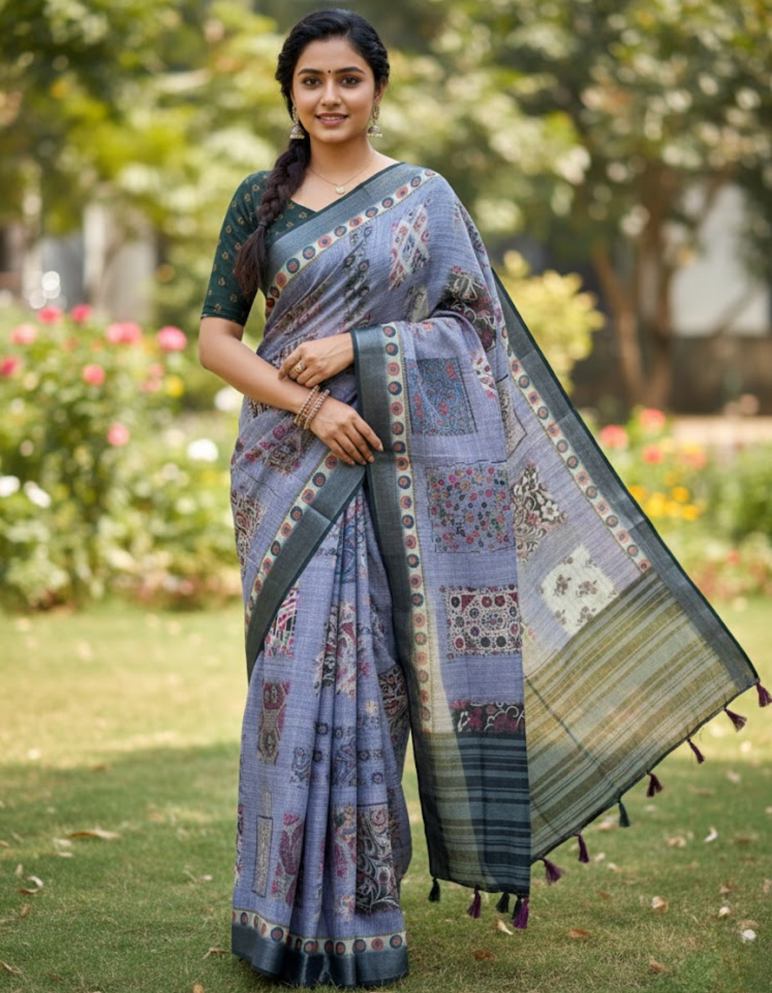Linen Cotton Saree with Floral Digital Prints
