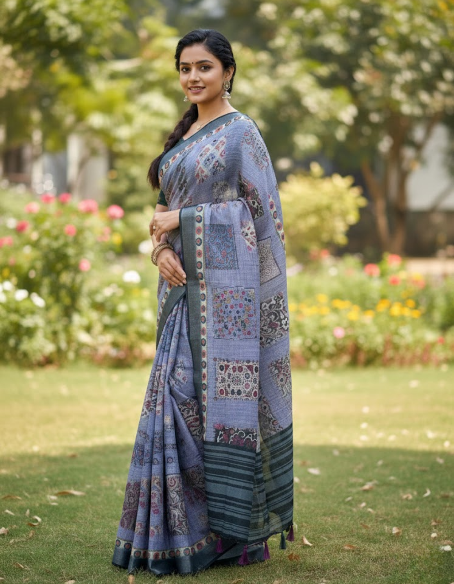 Linen Cotton Saree with Floral Digital Prints