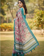 Multicolor Linen Cotton Saree with Floral Digital Prints