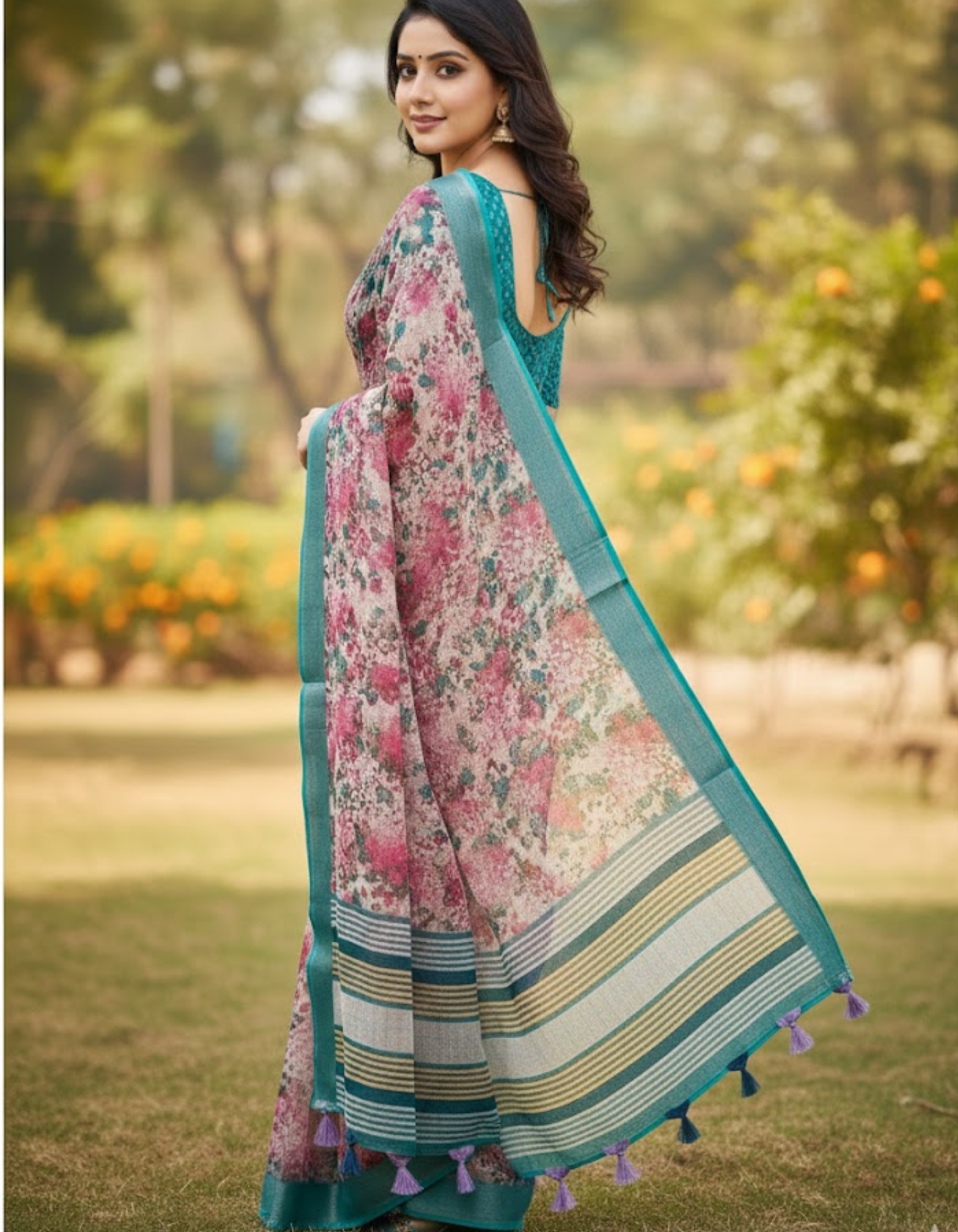 Multicolor Linen Cotton Saree with Floral Digital Prints