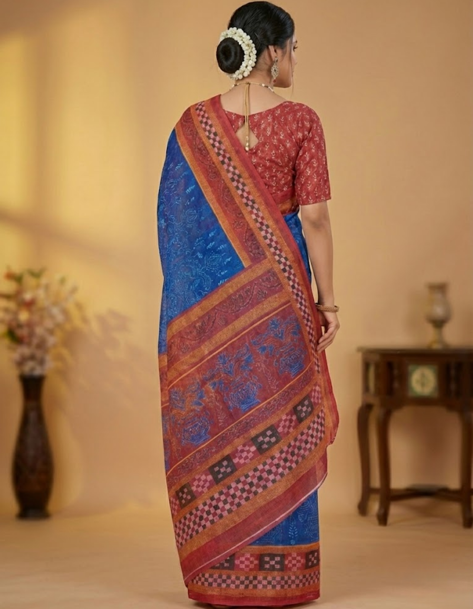 Royal Blue Soft Linen Cotton Saree with Double Ikkat Digital Prints