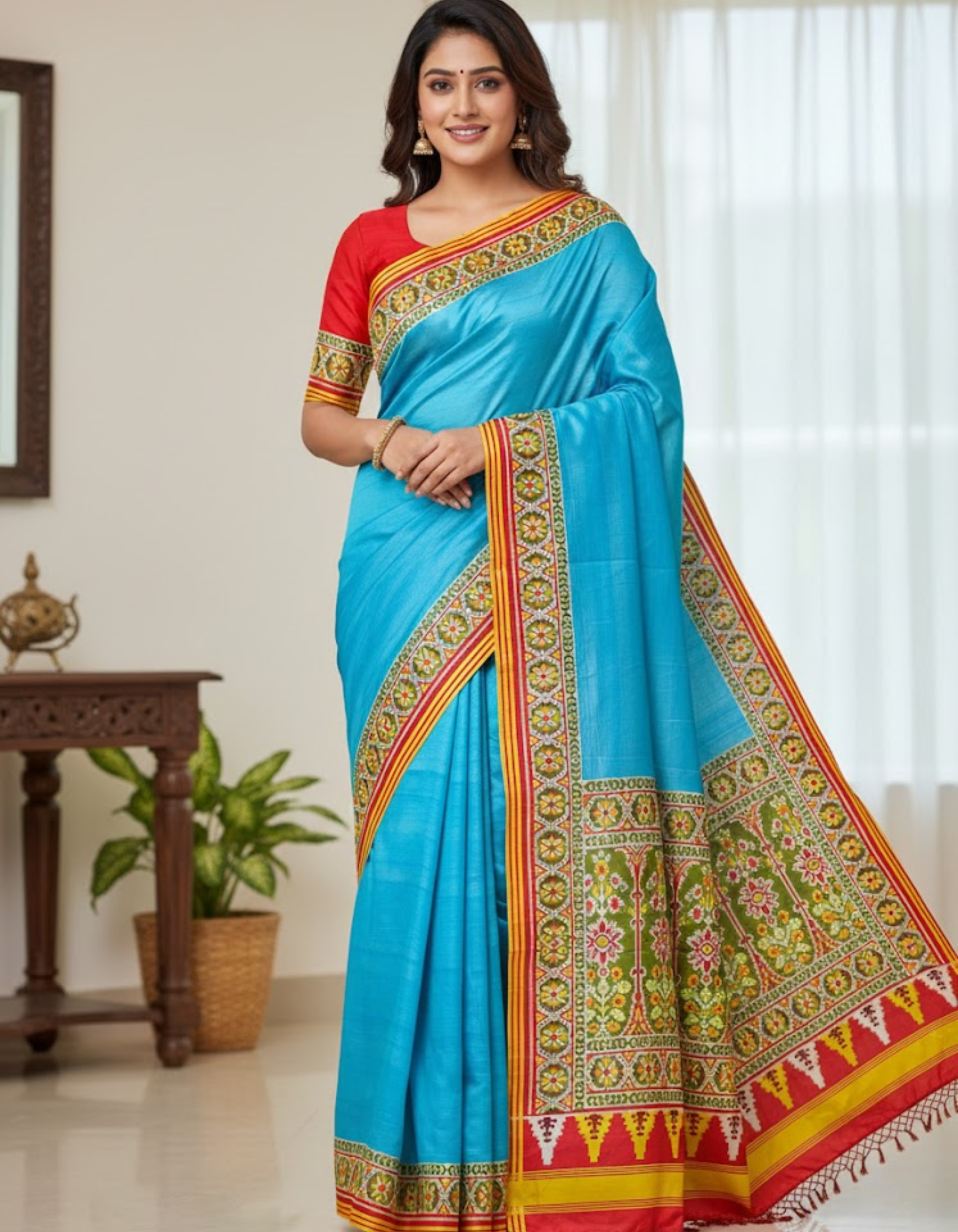 Blue Soft Silk Saree with Patola Digital Prints & Tassel Pallu