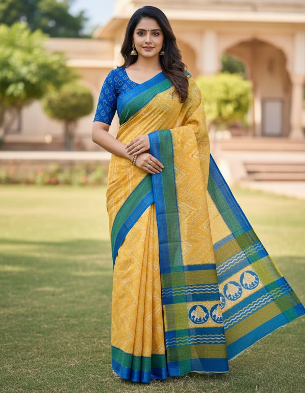 Soft Linen Cotton Saree with Ikkat Digital Prints & Silver Zari Border