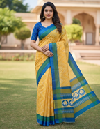 Soft Linen Cotton Saree with Ikkat Digital Prints & Silver Zari Border