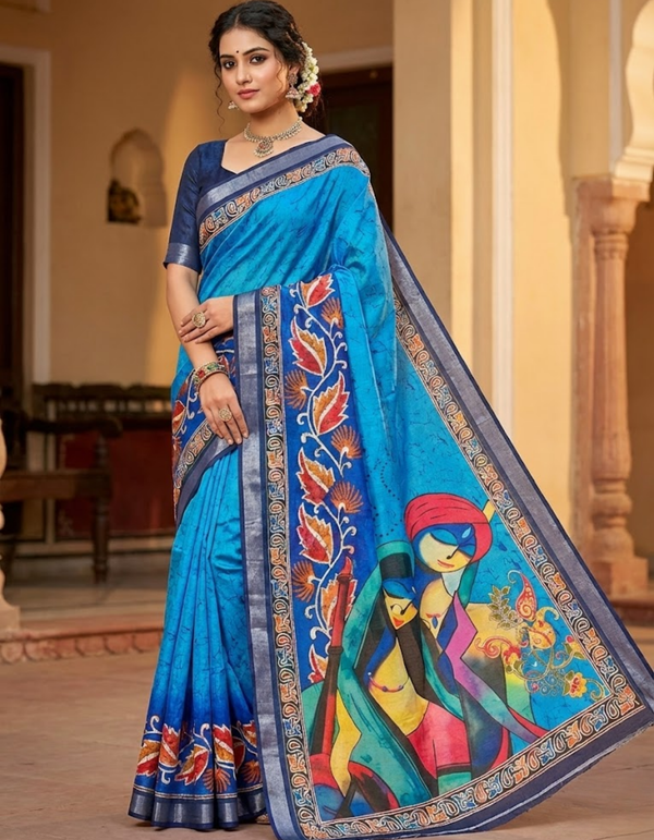 Soft Linen Cotton Saree with Batik Digital Prints & Silver Zari Border