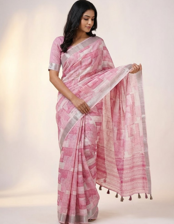 Linen Cotton Saree with Floral Digital Prints