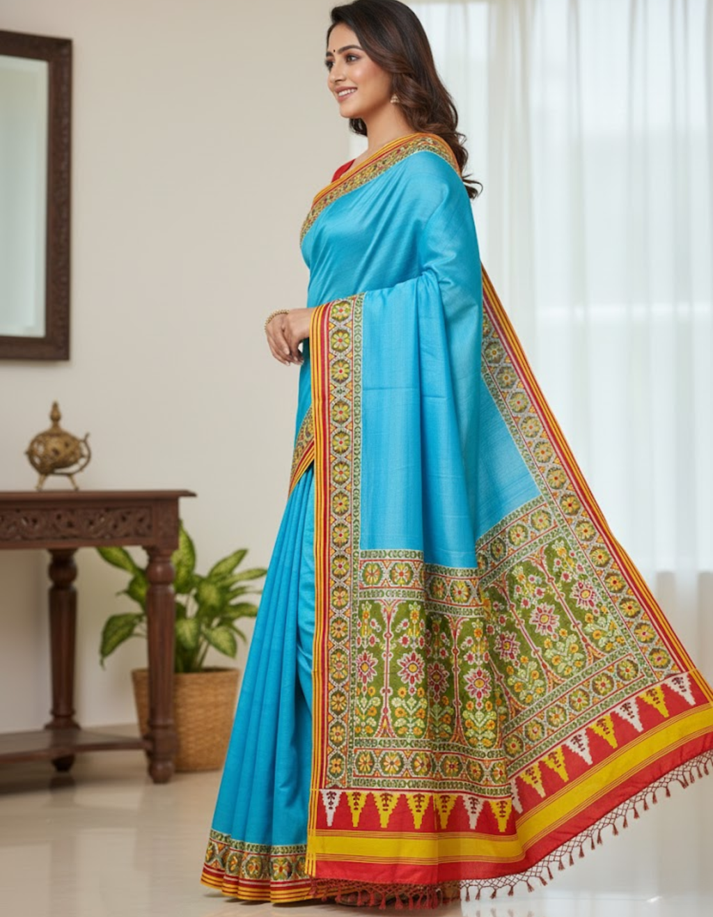 Blue Soft Silk Saree with Patola Digital Prints & Tassel Pallu