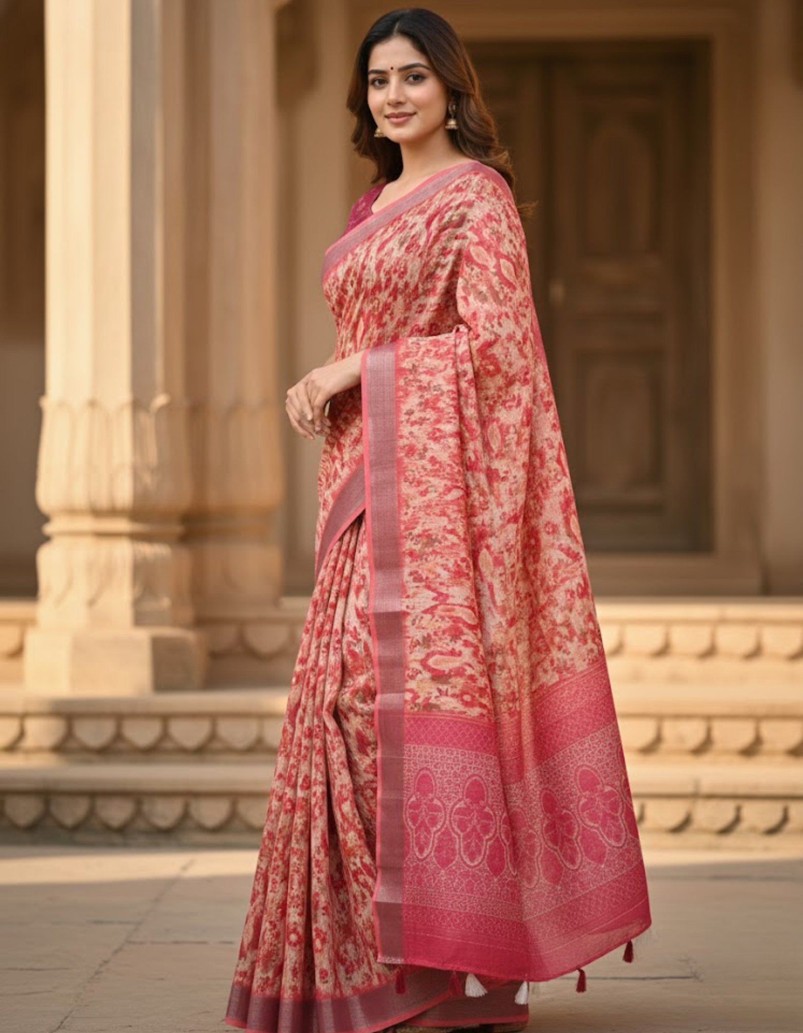 Multicolor Linen Cotton Saree with Floral Digital Prints