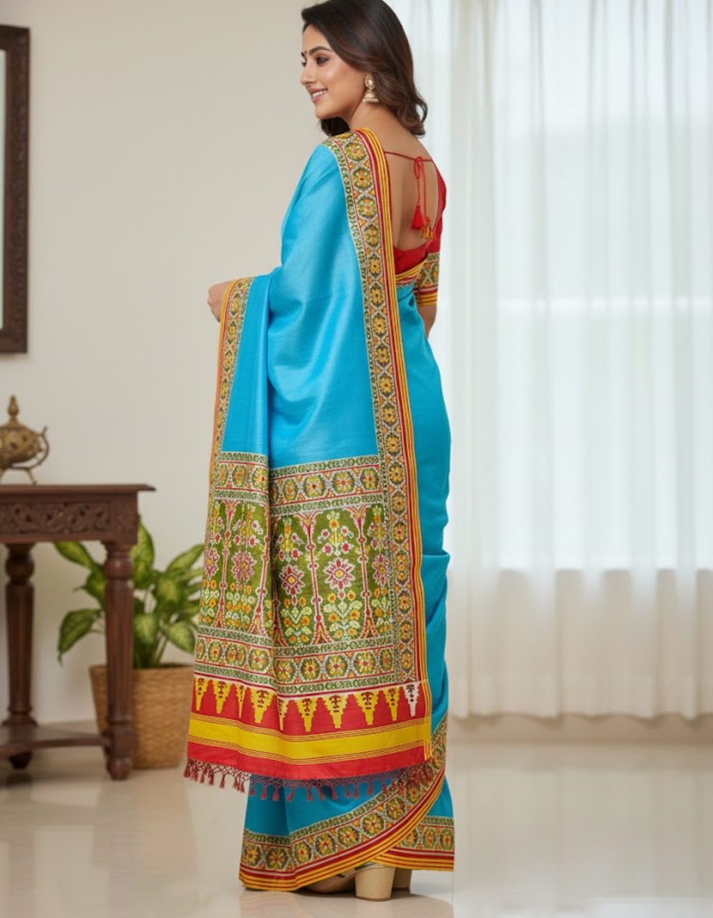 Blue Soft Silk Saree with Patola Digital Prints & Tassel Pallu