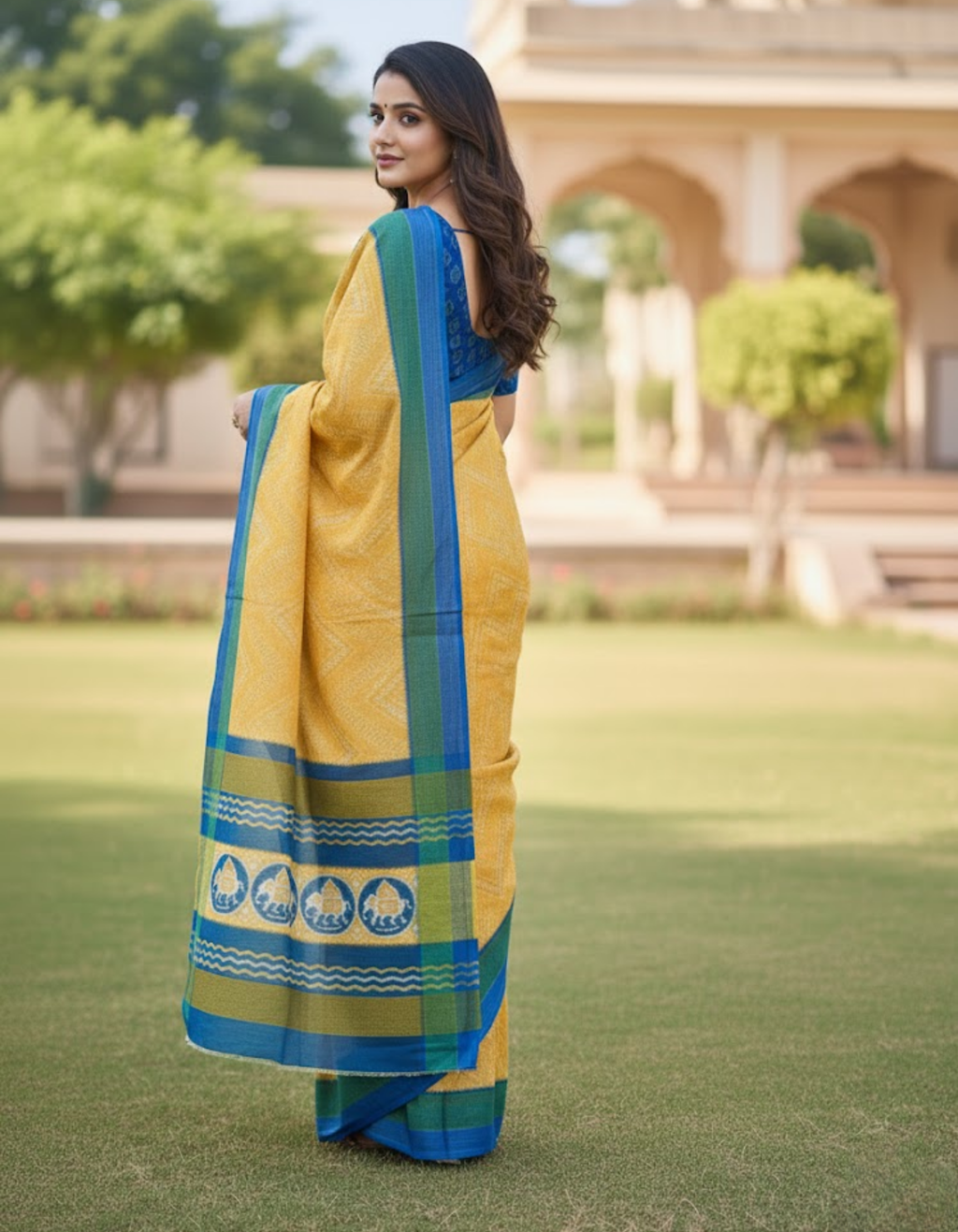 Soft Linen Cotton Saree with Ikkat Digital Prints & Silver Zari Border