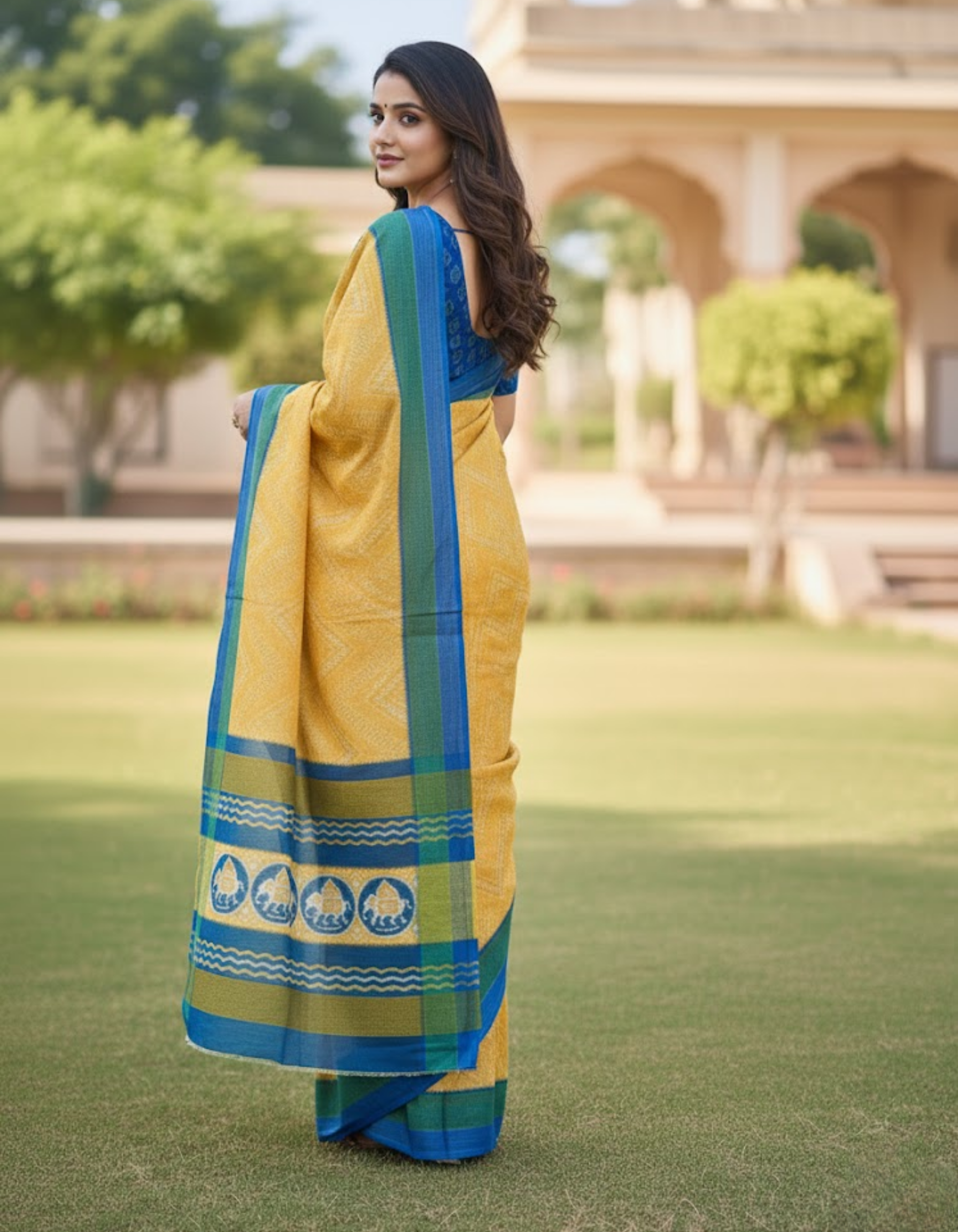 Soft Linen Cotton Saree with Ikkat Digital Prints & Silver Zari Border
