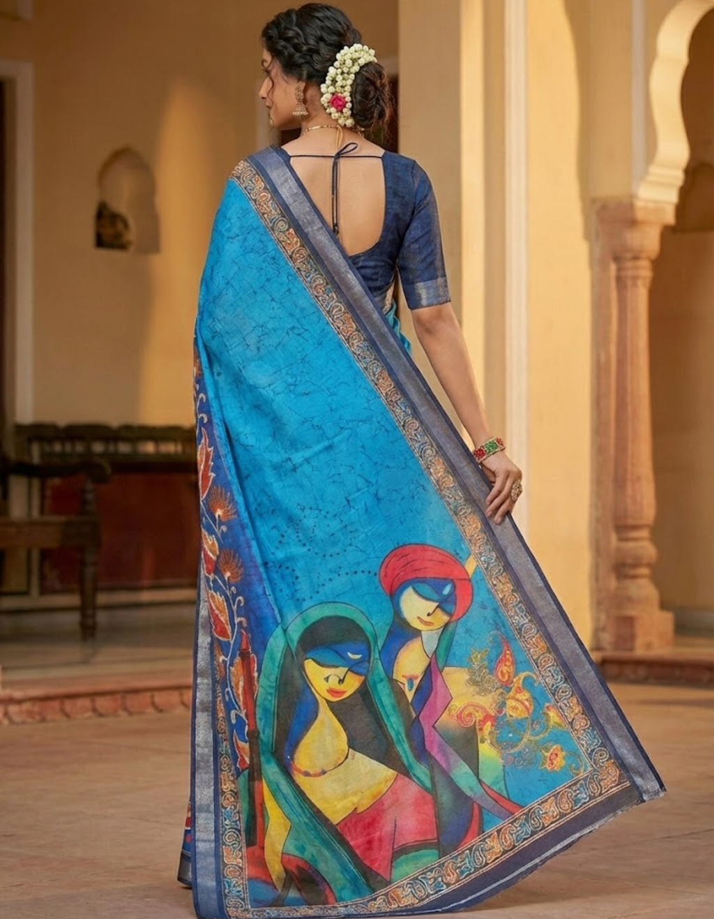 Soft Linen Cotton Saree with Batik Digital Prints & Silver Zari Border