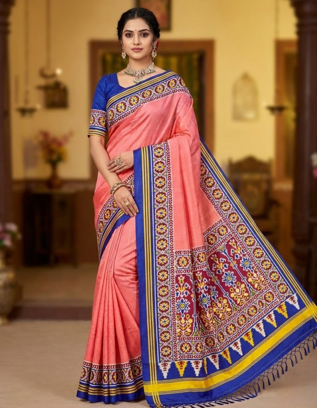 Peach Soft Silk Saree with Patola Digital Prints & Tassel Pallu
