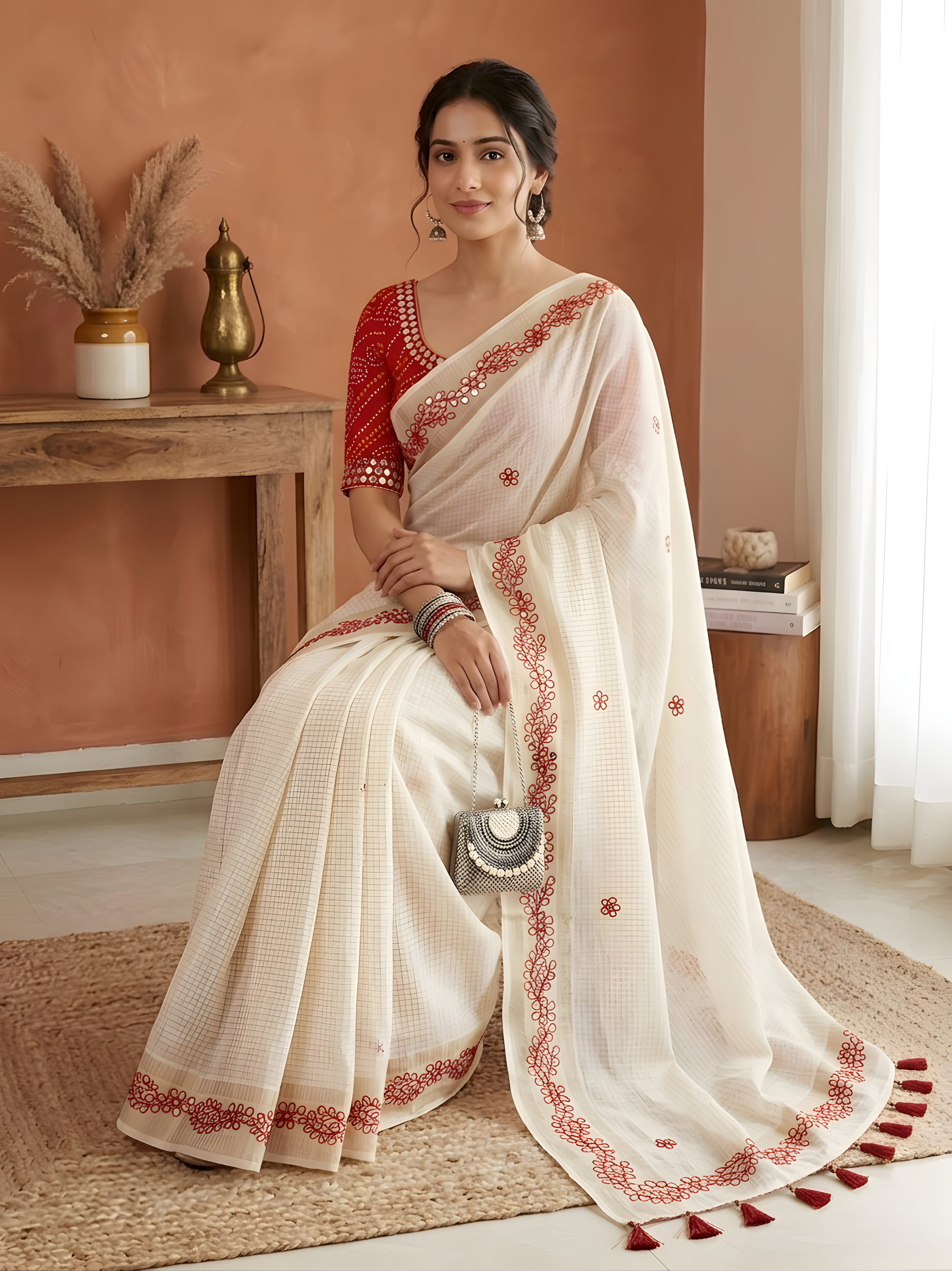 Ruhaniya Tussar Silk Saree – Cream Red Gotta Patti & Zari Bentex Border Work
