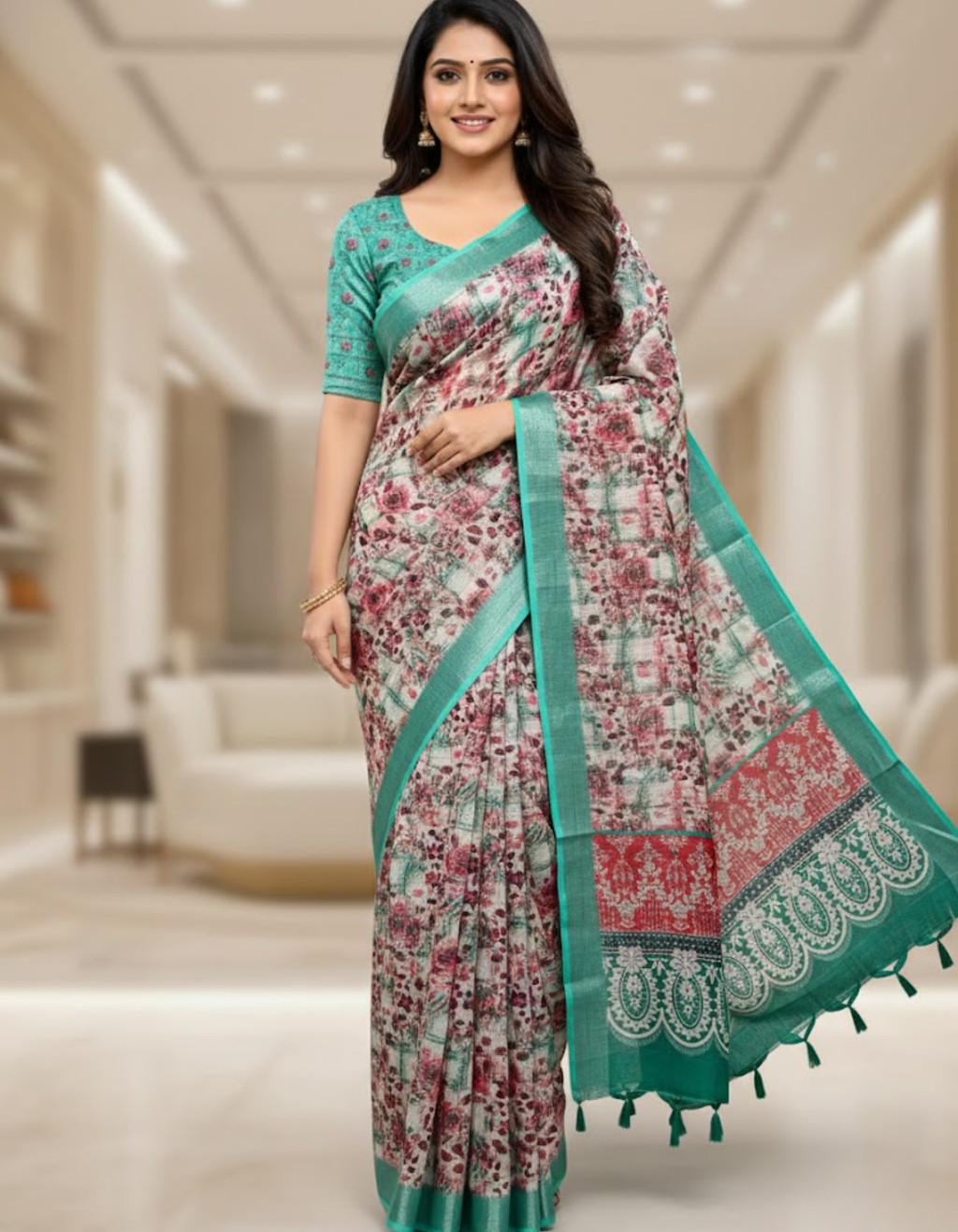 Linen Cotton Saree with Floral Digital Prints
