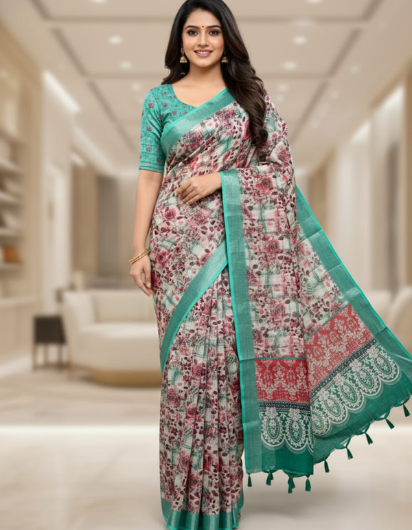 Linen Cotton Saree with Floral Digital Prints